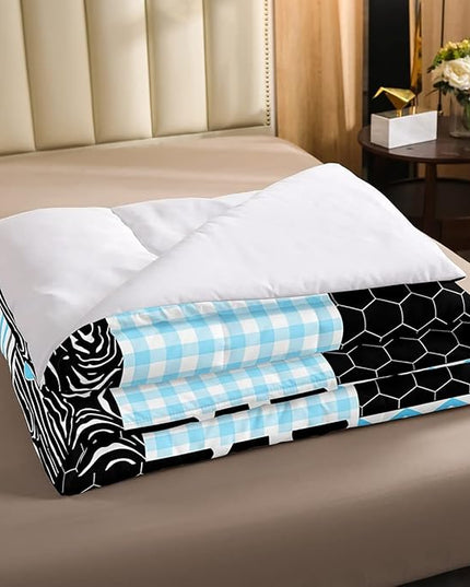 Cute Cow Print Comforter Set Twin Size Kawaii Highland Cow Bedding Set Bedroom Decor Honeycomb Plaid Pattern Geometric Stripes Down Comforter Cartoon Farm Animals Duvet Set, Blue Black Grey - LeafyLoom