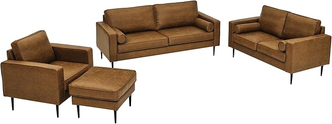 Upholstered 3 Seater Sofa Couch with Metal Legs and Removable Cushions for Livingroom Bedroom, Including 2 Bolster Pillows, Brown, 77" W - LeafyLoom