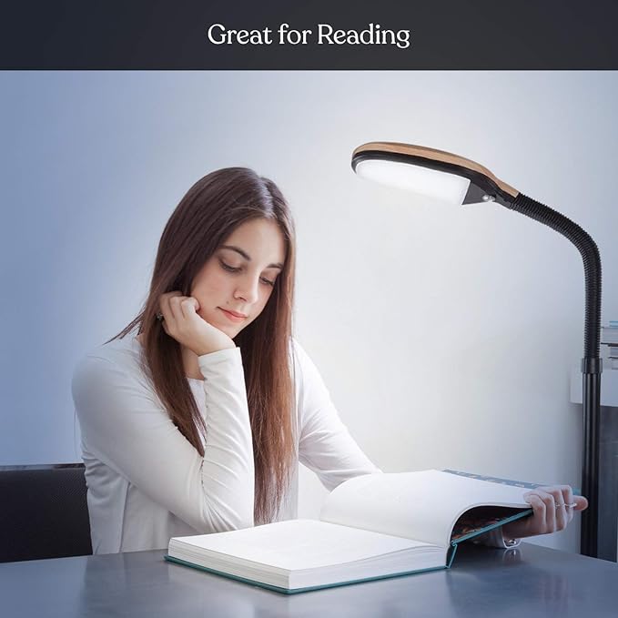 Brightech Litespan - LED Floor Reading Lamp, Modern Wooden Style, Adjustable Gooseneck, 850-950 Lumens, 12W, 3-Year Warranty - LeafyLoom