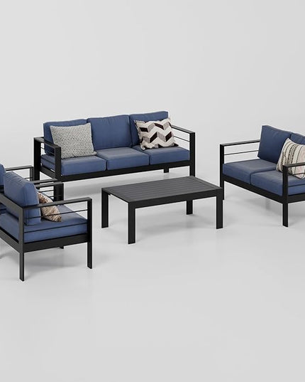 Wisteria Lane Aluminum Outdoor Patio Furniture Set, Modern Patio Conversation Sets, Outdoor Sectional Metal Sofa with 5 Inch Cushion and Coffee Table for Balcony, Garden, Black Frame and Blue Cushion - LeafyLoom