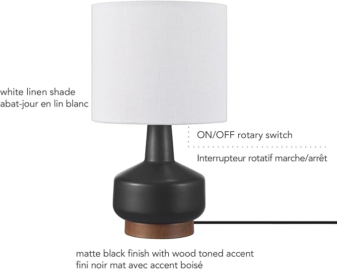 Globe Electric 61000046 15" Ceramic Table Lamp, Matte Black, Wood Toned Base, White Linen Shade, On/Off Rotary Switch on Socket, Living Room, Home Décor, Bedroom - LeafyLoom