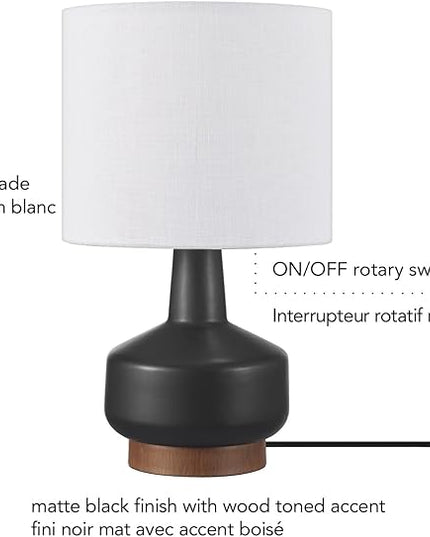 Globe Electric 61000046 15" Ceramic Table Lamp, Matte Black, Wood Toned Base, White Linen Shade, On/Off Rotary Switch on Socket, Living Room, Home Décor, Bedroom - LeafyLoom