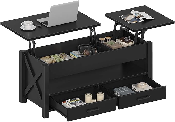 Seventable Coffee Table, 47.2" Lift Top Coffee Table with 2 Storage Drawers and Hidden Compartment, X Wood Farmhouse Support, Retro Center Table with Lift Tabletop for Living Room,Black - LeafyLoom