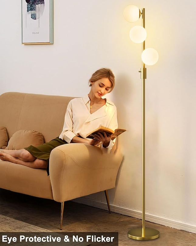 Lightdot Dimmable (Brightness Adjustable) Globe Floor Lamp, Gold Pole Standing Lamps with 3PCS 3000K G9 Bulbs, Mid Century Modern Floor Lamp for Living Room - LeafyLoom