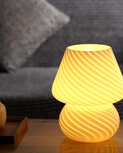 BSOD Mushroom Lamp,Glass Table Bedside Lamps Translucent Murano Vintage Style Striped Small Night Mushroom Decor Light Swirl for Ambient,Kids,Bedroom,Living,Girl Gift (Stripe White) - LeafyLoom