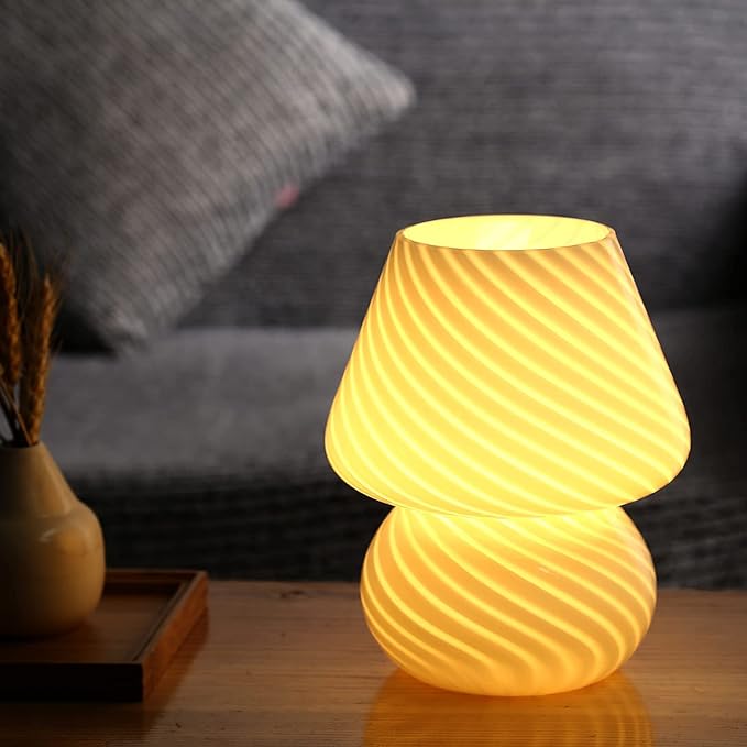 BSOD Mushroom Lamp,Glass Table Bedside Lamps Translucent Murano Vintage Style Striped Small Night Mushroom Decor Light Swirl for Ambient,Kids,Bedroom,Living,Girl Gift (Stripe White) - LeafyLoom