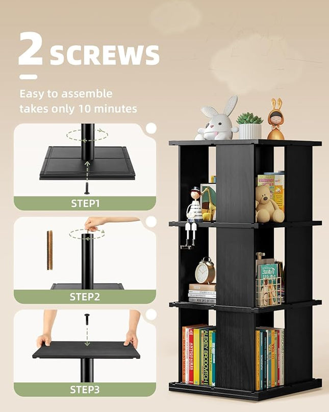 Rotating Bookshelf, 3-Shelf 360° Solid Wood Book shelf Tower, Stackable Revolving Bookcase Organizer for Living Room, Bedroom, Study(Black) - LeafyLoom