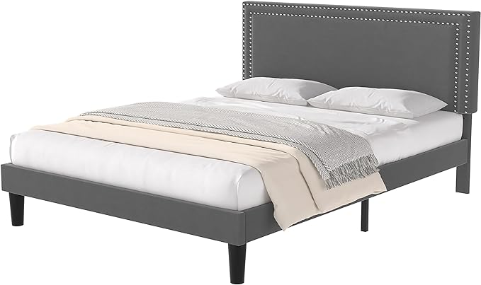 VECELO Queen Size Platform Bed Frame with Height Adjustable Upholstered Headboard, Modern Mattress Foundation,Strong Wood Slat Support, No Box Spring Needed, Easy Assembly - LeafyLoom