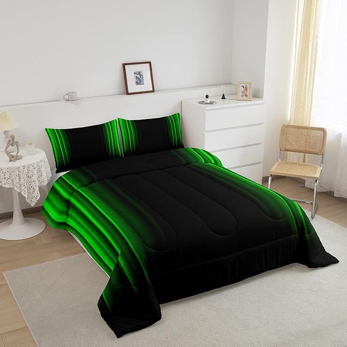 Geometric Abstract Ombre Bedding Bed Set Men Adults Teens Green and Black Striped Comforter Set Kids Boys Girls Simple Modern Comforter Inner Fill Bedroom Collection 3Pcs Full Size - LeafyLoom