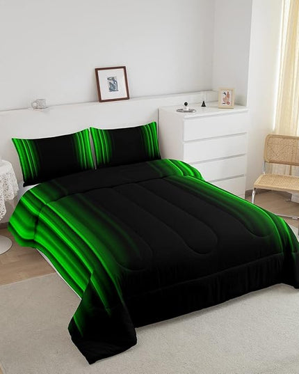 Feelyou Geometric Abstract Ombre Bedding Bed Set Men Adults Teens Green and Black Striped Comforter Set Kids Boys Girls Simple Modern Comforter Inner Fill Bedroom Collection 3Pcs Queen Size - LeafyLoom