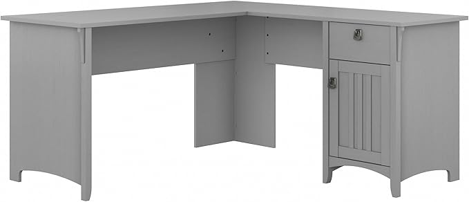 Bush Furniture Salinas L Shaped Desk with Storage in Cape Cod Gray | Modern Farmhouse Corner Table with Drawers and Cabinets for Home Office - LeafyLoom