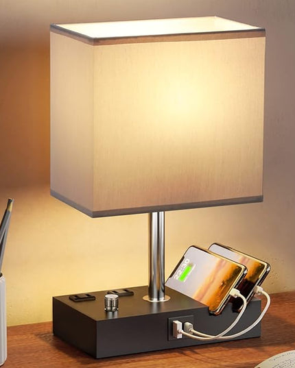 Kakanuo Table Lamp for Bedroom with Dual USB Ports, Grey Fully Dimmable Bedside Lamp with Phone Stands and 2 Charging Outlets, Desk Lamp for Nightstand and Living Room, LED Bulb Included - LeafyLoom