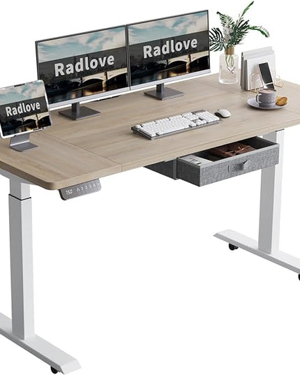 Radlove Dual Motors Height Adjustable 63 x 30'' Electric Standing Desk with Drawer Stand Up Table 4 Memory Keys, Computer Desk with Splice Board Home Office Desk, Oak Top + White Frame - LeafyLoom