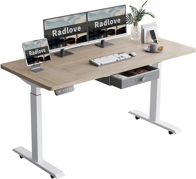 Radlove Dual Motors Height Adjustable 63 x 30'' Electric Standing Desk with Drawer Stand Up Table 4 Memory Keys, Computer Desk with Splice Board Home Office Desk, Oak Top + White Frame - LeafyLoom