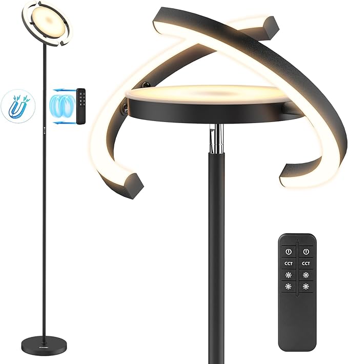 FIMEI Modern Black Metal Saturn Ring LED Floor Lamp, Stepless Dimming and Color Temperature Adjustment, Rotatable Lamp Head, Independent Control of Upwards Round Light and Outer Ring Light - LeafyLoom