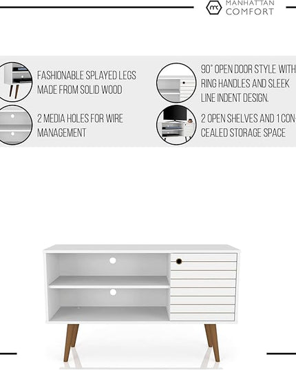 Manhattan Comfort Liberty Mid Century Modern TV Stand for Televisions up to 46 Inches, Bedroom and Living Room Entertainment Center with Storage, Shelves, and Cabinet, 43" Wide, White - LeafyLoom