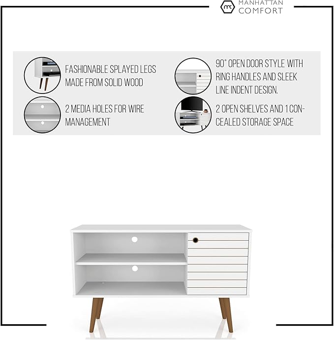 Manhattan Comfort Liberty Mid Century Modern TV Stand for Televisions up to 46 Inches, Bedroom and Living Room Entertainment Center with Storage, Shelves, and Cabinet, 43" Wide, White - LeafyLoom
