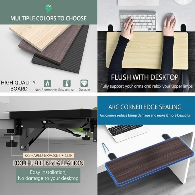 Ergonomics Desk Extender Tray, 21.7"x9.5" Punch-Free Clamp on, Foldable Keyboard Drawer Tray, Table Mount Arm Wrist Rest Shelf, Computer Elbow Arm Support - LeafyLoom