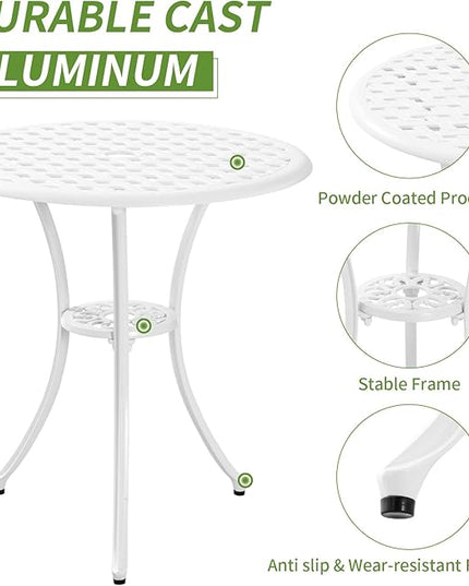 White Bistro Table and Chairs Set of 2, Cast Aluminum White Bistro Set Outdoor, Patio Bistro Sets with Umbrella Hole, Round Back Yard Set for Porch Balcony Garden - LeafyLoom