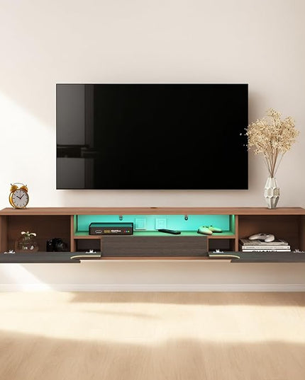 Pmnianhua Floating TV Stand with LED Lights,70'' Wall Mounted TV Cabinet Floating under TV Shelf Media Console Entertainment Center with Storage Living Room Playroom Bedroom(walnut) - LeafyLoom