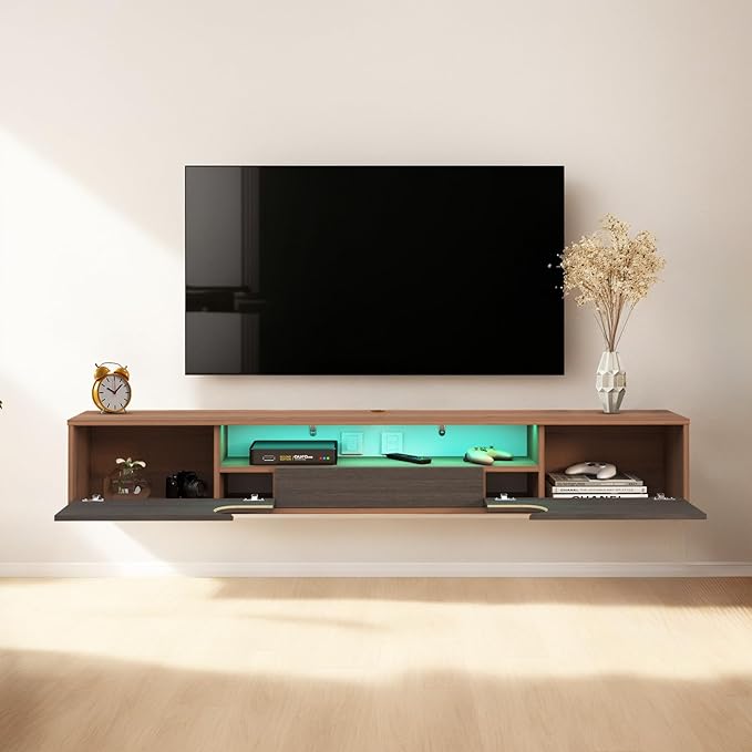 Pmnianhua Floating TV Stand with LED Lights,70'' Wall Mounted TV Cabinet Floating under TV Shelf Media Console Entertainment Center with Storage Living Room Playroom Bedroom(walnut) - LeafyLoom