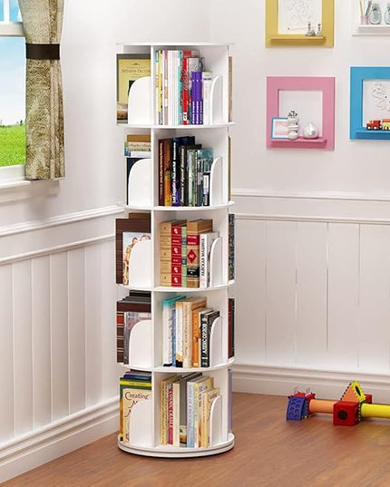 5 Tier 360° Rotating Stackable Shelves Bookshelf Organizer (White) - LeafyLoom
