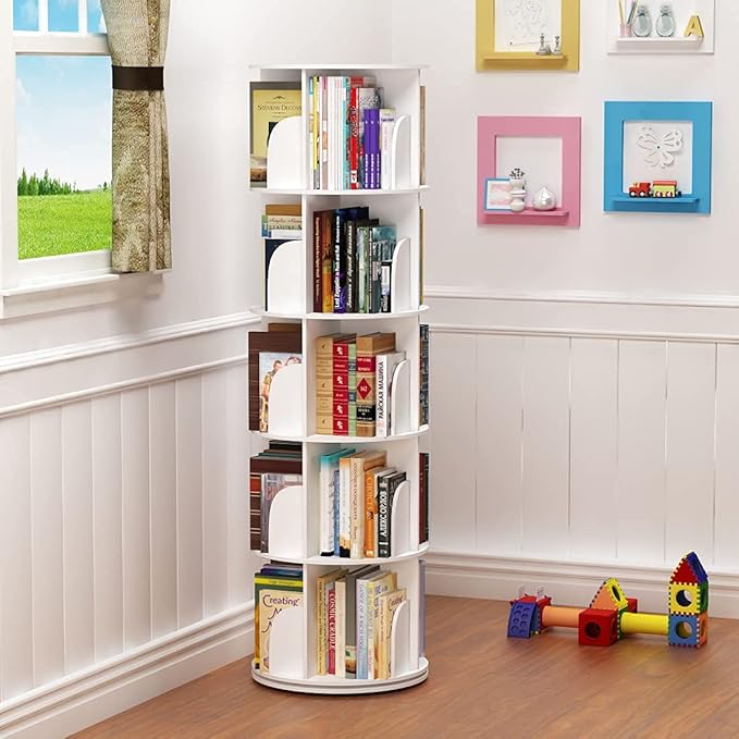5 Tier 360° Rotating Stackable Shelves Bookshelf Organizer (White) - LeafyLoom