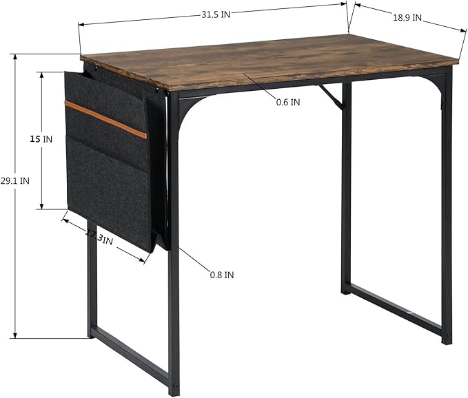 FurnitureR 31.5 inch Small Study Writing Table with Storage Bag Space Saving for Home Office, Modern PC Metal Frame Computer Desk, Black/Brown - LeafyLoom