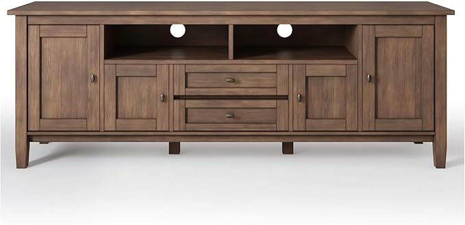 SIMPLIHOME Warm Shaker SOLID WOOD 72 Inch Wide Transitional TV Media Stand in Rustic Natural Aged Brown for TVs up to 80 Inches, For the Living Room and Entertainment Center - LeafyLoom