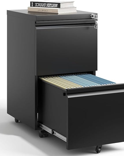 2 Drawer Mobile File Cabinet with Lock,Under Desk Metal Filing Cabinet for Home Office,Metal Small Rolling File Cabinet with 2 Keys for Legal/Letter/A4 Size Fully Assembled Except Wheels (Black) - LeafyLoom