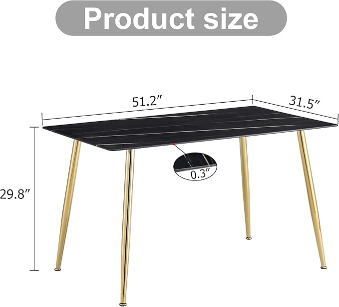 NicBex Modern Minimalist Rectangular Black Imitation Marble Dining Table 0.3 Inches Thick Gold Color Metal Legs Suitable for Kitchen, Dining Room, and Living Room, Black - LeafyLoom