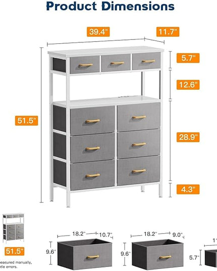 AODK Dresser with Charging Station, 52 Inches Tall Dresser for Bedroom with 9 Storage Drawers, Large Fabric Dressers for Living Room, Hallway, Light Grey - LeafyLoom