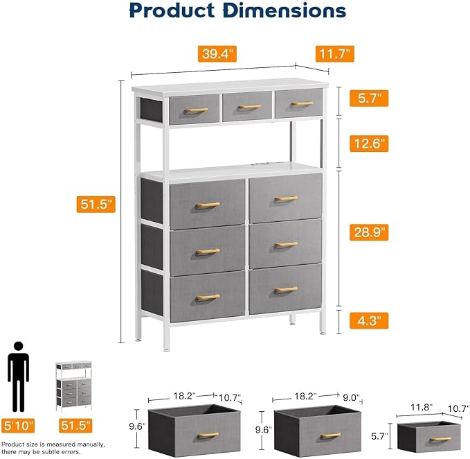 AODK Dresser with Charging Station, 52 Inches Tall Dresser for Bedroom with 9 Storage Drawers, Large Fabric Dressers for Living Room, Hallway, Light Grey - LeafyLoom