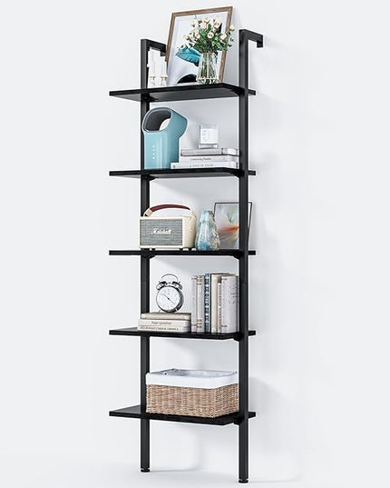 ODK Ladder Shelf, 5 Tier Black Bookshelf, 72 Inch Wall Mounted Book Shelf with Metal Frame, Ladder Bookshelf Bookcase for Bedroom, Home Office and Living Room - LeafyLoom