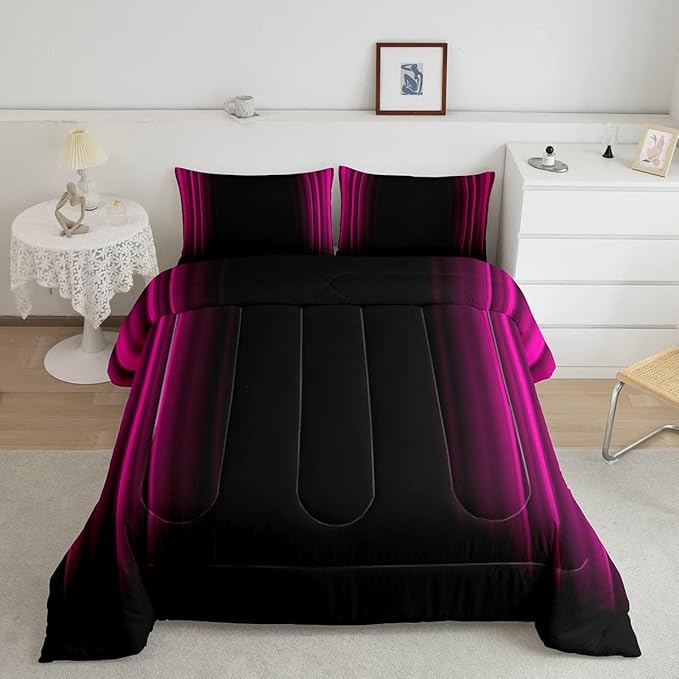 Geometric Abstract Ombre Bedding Bed Set Men Adults Teens Rose Red Black Striped Comforter Set Kids Boys Girls Simple Modern Comforter Collection 3Pcs King Size Boys - LeafyLoom