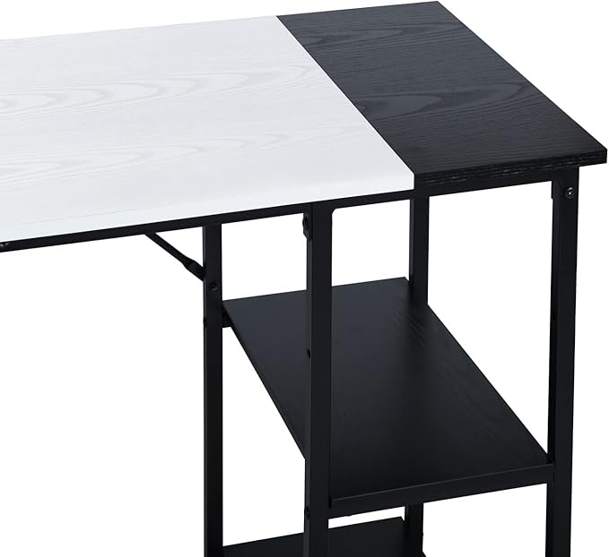 FurnitureR L-Shaped 58.3''Corner Computer Desk with Storage Shelf Long Gaming Desk for Home Office PC Workstation Saving Space Laptop Table (White and Black) - LeafyLoom