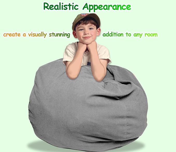 Stuffed Animal Storage Bean Bag Chair Corduroy Toy Cover Organize Plush Toys and Textiles Perfect Ultra Soft Sack Bean Bag for Kids and Teens (No Filler) Gray - LeafyLoom