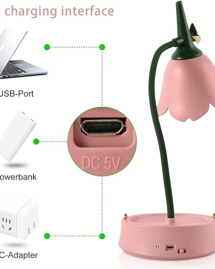 Himmel Flower Desk Lamp, Dimmable LED Kid Desk Lamp with 3 Colour Temperatures, Cordless Rechargeable Desk Lamp with Touch Sensor and Flexible Arm, USB Bedside Lamp for Reading, Learning - LeafyLoom