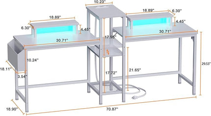 Furologee White 71" Gaming Desk with LED Lights, Long 2 Person Computer Desk with Printer Shelf and Monitor Stand, Double Office Desk with Cloth Bag and Hooks for Home Office (NO Power Outlets) - LeafyLoom