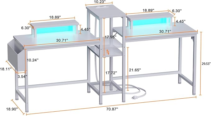 Furologee White 71" Gaming Desk with LED Lights, Long 2 Person Computer Desk with Printer Shelf and Monitor Stand, Double Office Desk with Cloth Bag and Hooks for Home Office (NO Power Outlets) - LeafyLoom