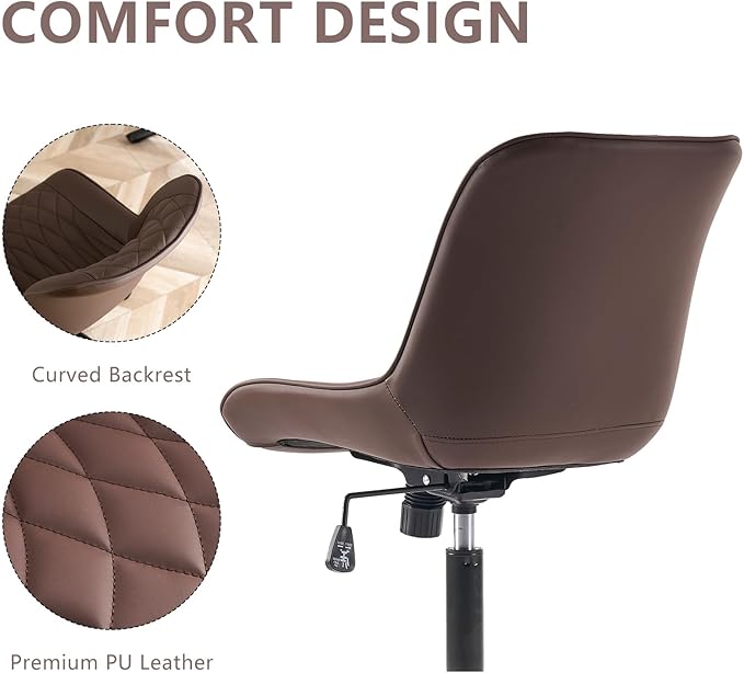 YOUNIKE Desk Chair with Wheels Armless Office Chair Swivel Rolling Task Chair with Back Upholstered Faux Leather Computer Chair Height Adjustable Modern Ergonomic Seat, Loads 300 lbs, Brown - LeafyLoom