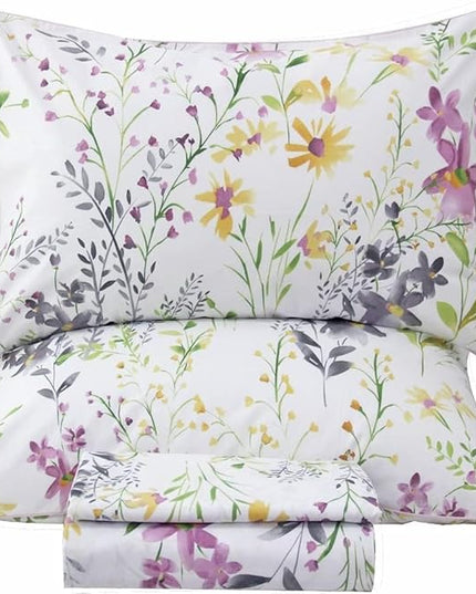 QSH 100% Cotton Sheets for Split King Size Bed - Floral Plant Pattern Botanical Luxury Cotton Printed Floral Bedding King Size Sheet with Deep Pockets 17" Soft and Breathable 5pcs - LeafyLoom