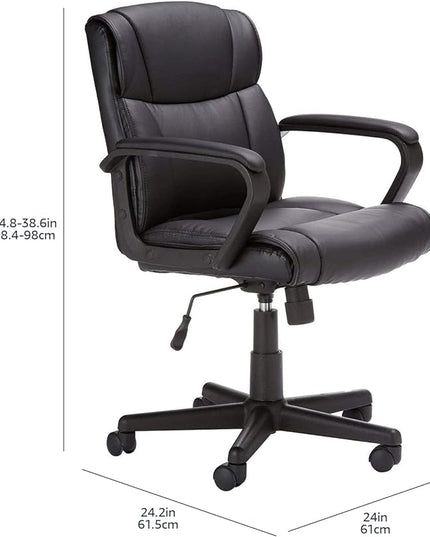 Amazon Basics Office Computer Task Desk Chair with Padded Armrests, Mid-Back, Adjustable, 360 Swivel, Rolling, 275 Pound Capacity, BIFMA Certified, 24.2"D x 24"W x 34.8"H, Black Faux Leather - LeafyLoom