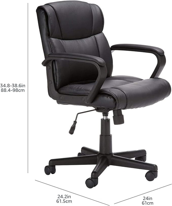 Amazon Basics Office Computer Task Desk Chair with Padded Armrests, Mid-Back, Adjustable, 360 Swivel, Rolling, 275 Pound Capacity, BIFMA Certified, 24.2"D x 24"W x 34.8"H, Black Faux Leather - LeafyLoom