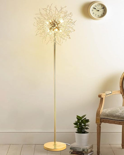 69 inch Crystal Floor Lamp, Modern Standing Lamp with K9 Crystal, LED Floor Lamp with On/Off Foot Switch, Metal Tall Pole Lamp for Living Room, Girls Room, Bedroom, Dresser, Office, Gold Finish - LeafyLoom