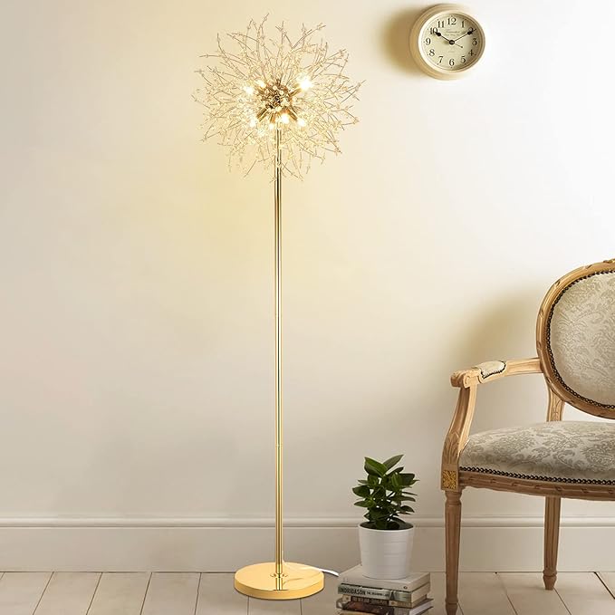 69 inch Crystal Floor Lamp, Modern Standing Lamp with K9 Crystal, LED Floor Lamp with On/Off Foot Switch, Metal Tall Pole Lamp for Living Room, Girls Room, Bedroom, Dresser, Office, Gold Finish - LeafyLoom
