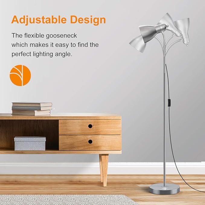 LEPOWER Floor Lamp, Metal Standing Lamp with Adjustable Gooseneck, Heavy Metal Base, Reading Pole Lamp for Office, Silver Floor Lamps for Bedroom, Living Room - LeafyLoom