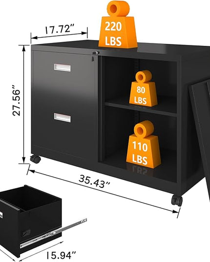 Metal File Cabinet Printer Stand with 2 lockable full extension drawers and 1 lockable door, adjustable shelf, for Home office and Study room Organizer Letters/Legal/A4,BLACK - LeafyLoom