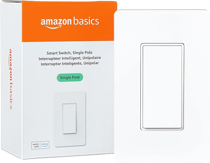 Amazon Basics Smart Switch, Single Pole, Works with Alexa Only, 2.4 GHz Wi-Fi, No Hub Required, White AmazonBasics