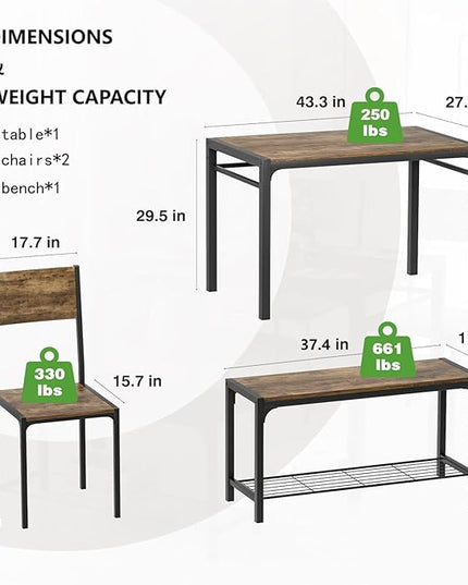 Kitchen Table and 2 Chairs for 4 with Bench, 4 Piece Dining Sets for Small Space, Rustic Brown - LeafyLoom